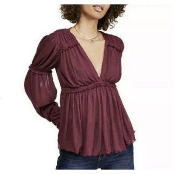 Free People FP Women Day Dreaming Plum Long Sleeve Blouse XS - Picture 1 of 9